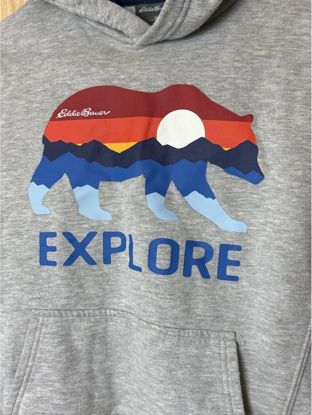 Eddie Bauer Hoodie Kids 10-12 Gray Explore Bear Graphic Fleece Pullover - Picture 2 of 5